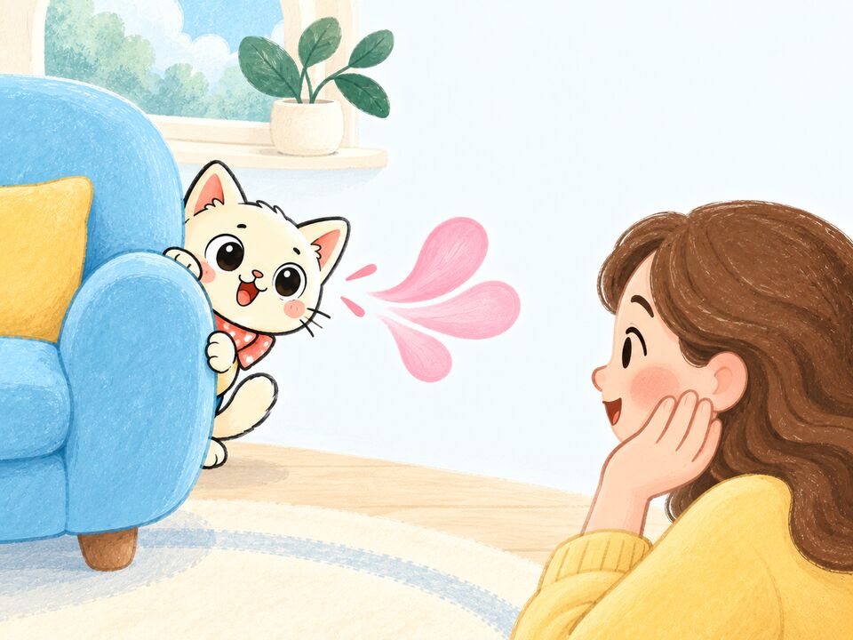 Illustrated kitten peeking from behind an armchair while a woman listens to its meow