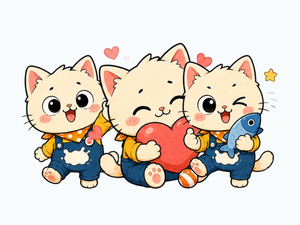 Three cheerful cartoon kittens in overalls, one hugging a heart