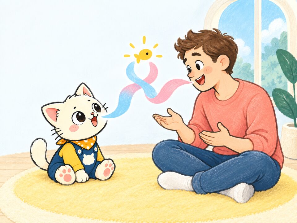Illustrated kitten and man exchanging colourful sound ribbons on a rug