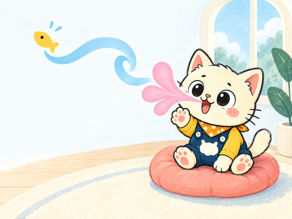 Illustrated cream kitten on a pink cushion releasing a colourful sound bloom in a cosy room